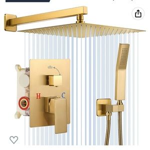 New in box matte gold rainfall shower head and controls
